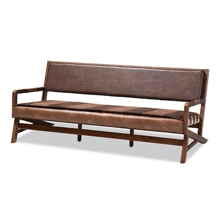 Baxton Studio Rovelyn-Dark Brown-Walnut-SF Rovelyn Rustic Brown Faux Leather Upholstered Walnut Finished Wood Sofa